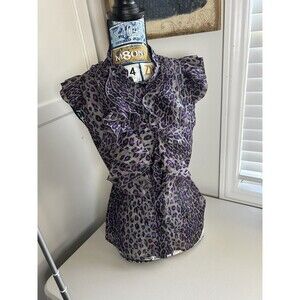 Y2K Miley Cyrus Max Azria Purple Grey Leopard Print Blouse w Ruffles
